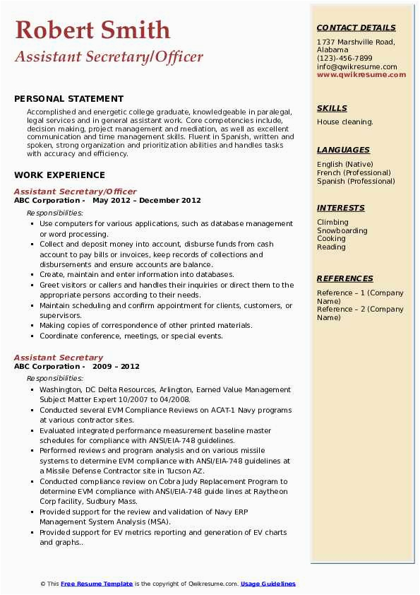 Sample Resume for assistant Company Secretary assistant Secretary Resume Samples