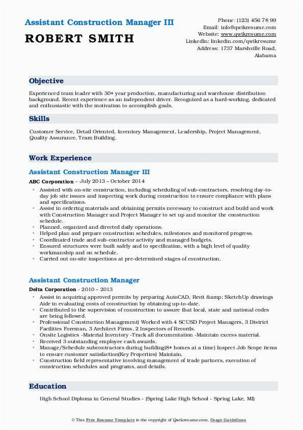 Sample Resume for assistant Construction Manager assistant Construction Manager Resume Samples