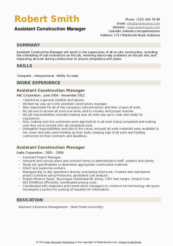 Sample Resume for assistant Construction Manager assistant Construction Manager Resume Samples