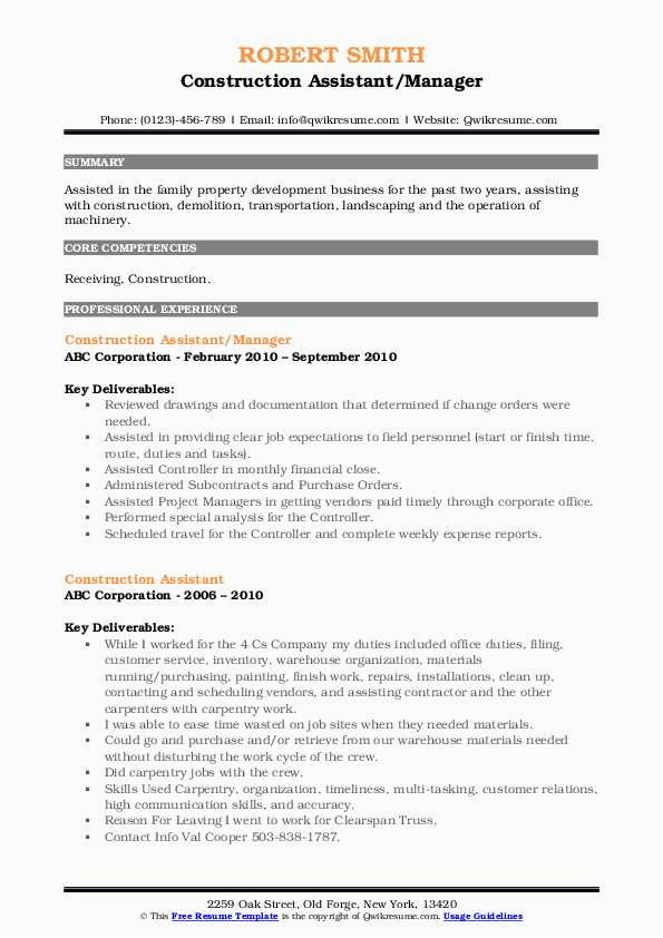 Sample Resume for assistant Construction Manager Construction assistant Resume Samples