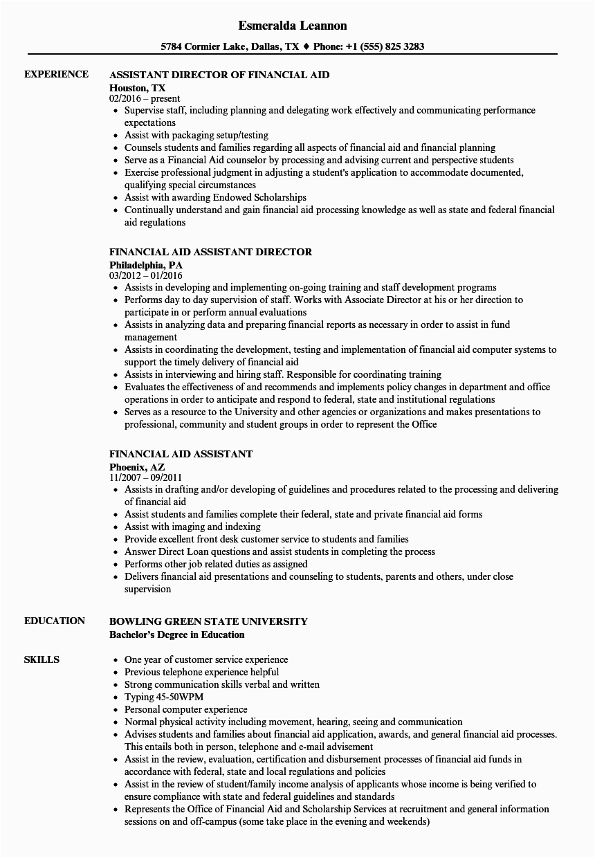 Sample Resume for assistant Director Of Financial Aid Financial Aid assistant Resume Samples