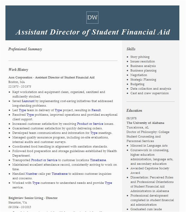 Sample Resume for assistant Director Of Financial Aid Financial Aid assistant Student Worker Resume Example Pany Name