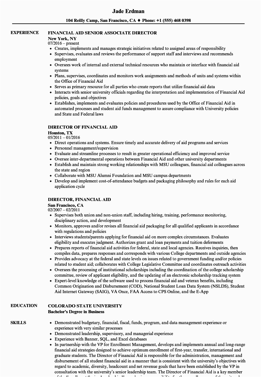 Sample Resume for assistant Director Of Financial Aid Financial Aid Director Resume Samples