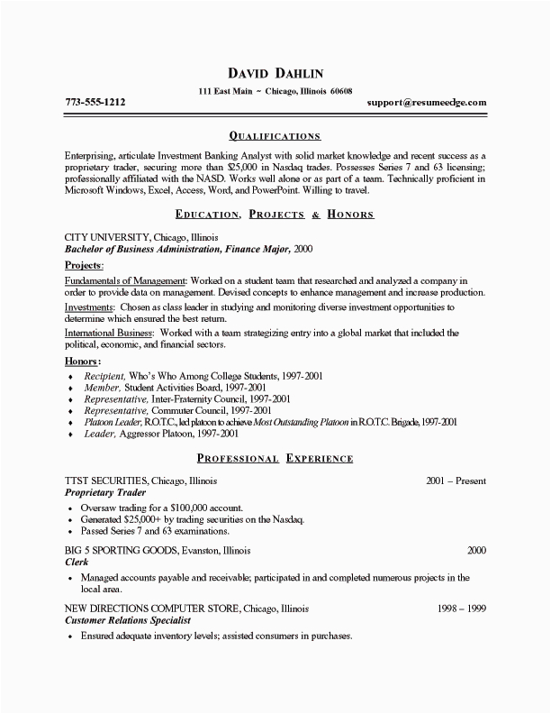 Sample Resume for Banking and Finance Graduate Investment Banking Analyst Resume