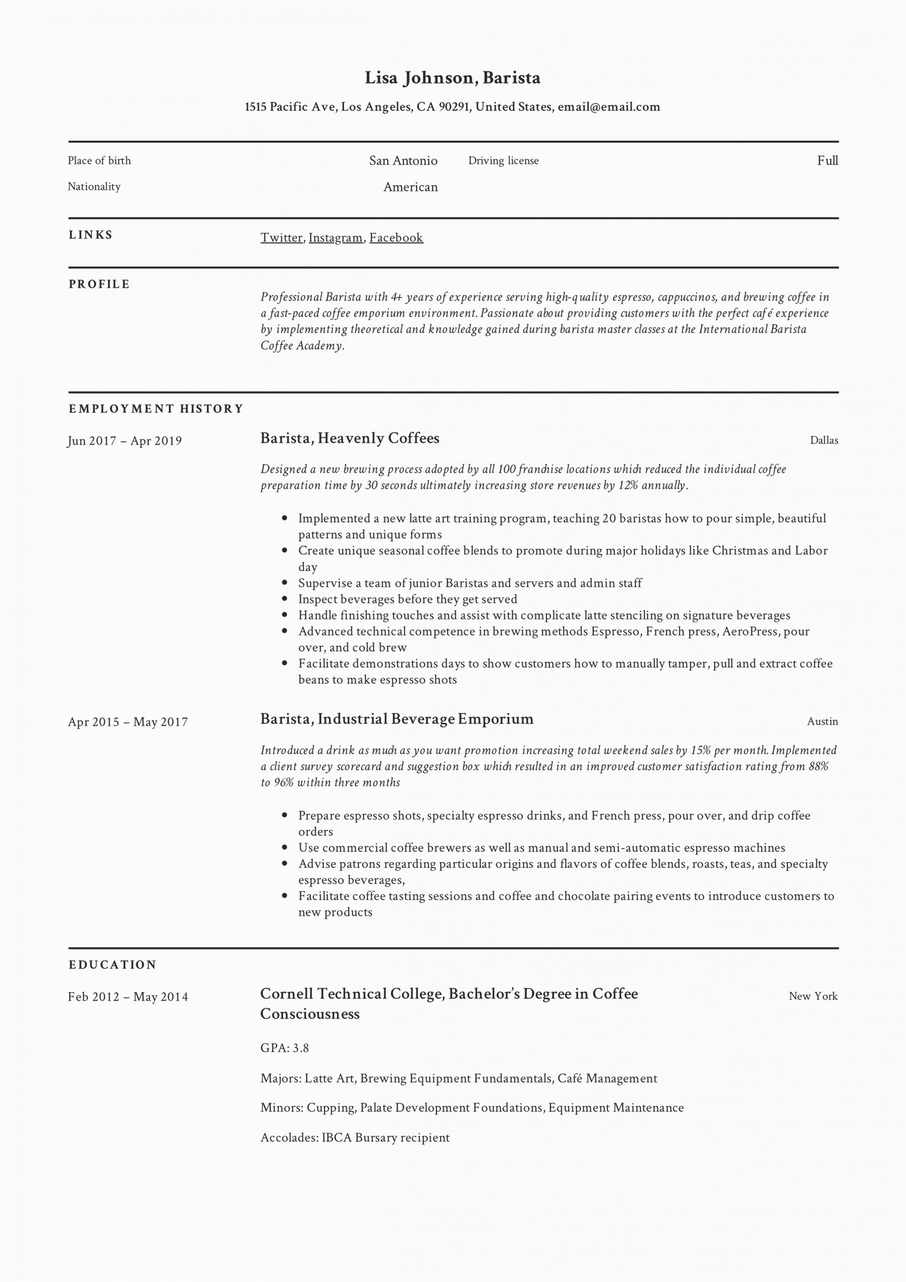 Sample Resume for Barista Position with No Experience Barista Resume & Writing Guide 12 Resume Templates