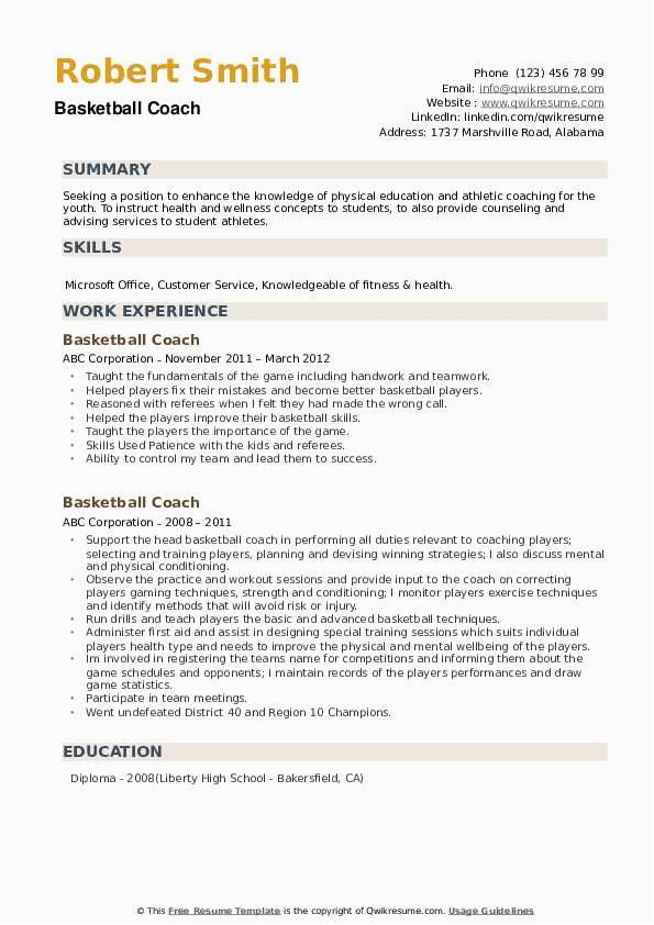 Sample Resume for Basketball Coaching Position Basketball Coach Resume Samples