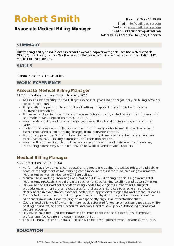Sample Resume for Billing Executive In Hospital Medical Billing Manager Resume Samples