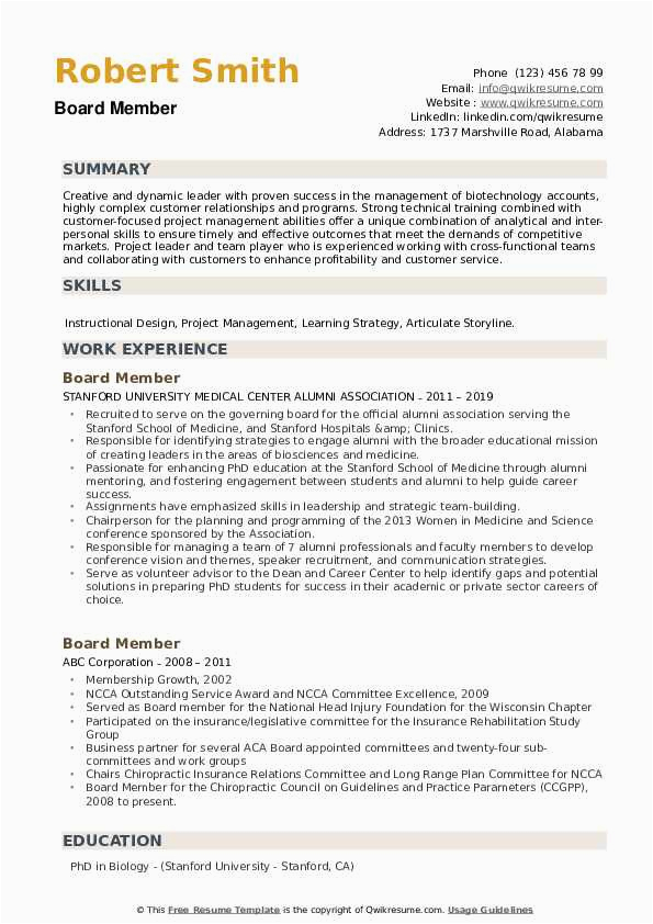 Sample Resume for Board Member Position Board Member Resume Samples