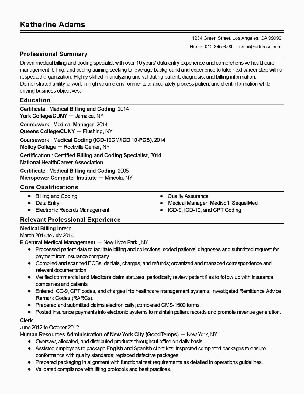 Sample Resume for Coding and Billing Resume for Medical Billing and Coding Specialist