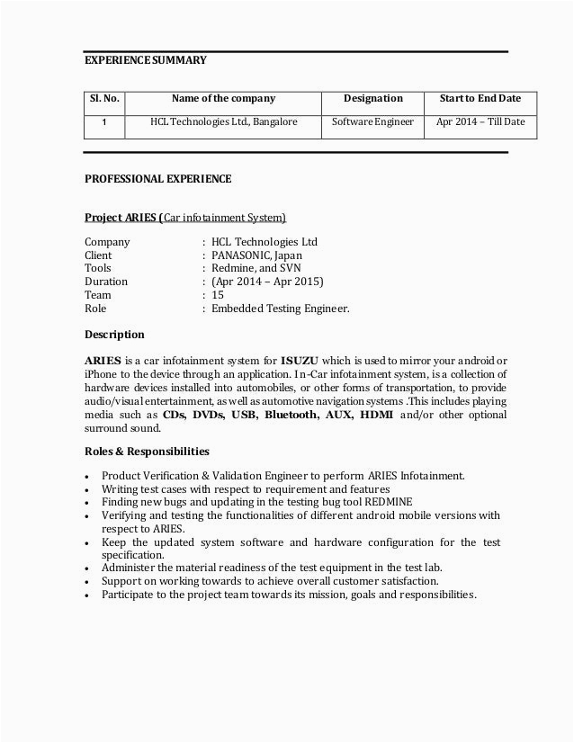 Sample Resume for Embedded Testing Engineer Vinodkumar Embedded Testing Engineer