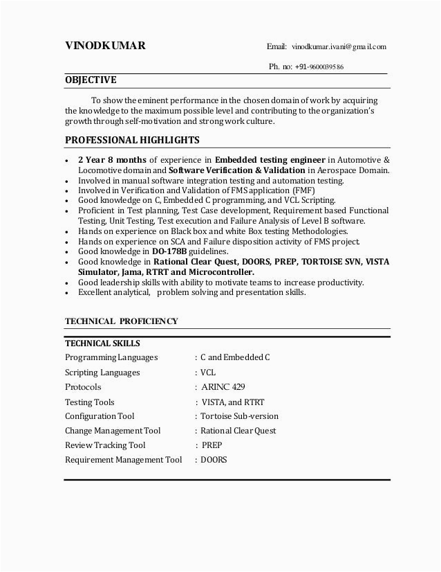 Sample Resume for Embedded Testing Engineer Vinodkumar Embedded Testing Engineer