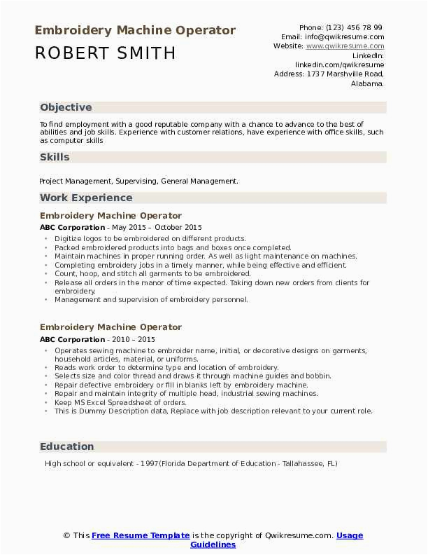Sample Resume for Embroidery Machine Operator Embroidery Machine Operator Resume Samples
