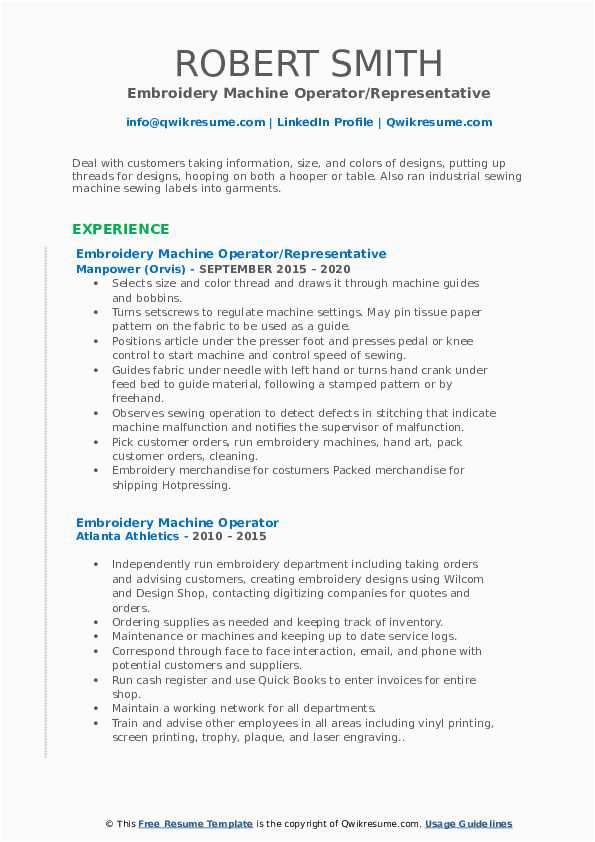 Sample Resume for Embroidery Machine Operator Embroidery Machine Operator Resume Samples