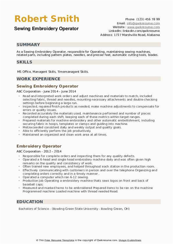 Sample Resume for Embroidery Machine Operator Embroidery Operator Resume Samples