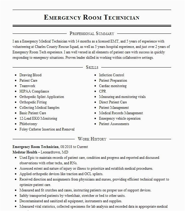 Sample Resume for Emergency Room Technician Emergency Room Technician Resume Example Peninsula Regional Medical