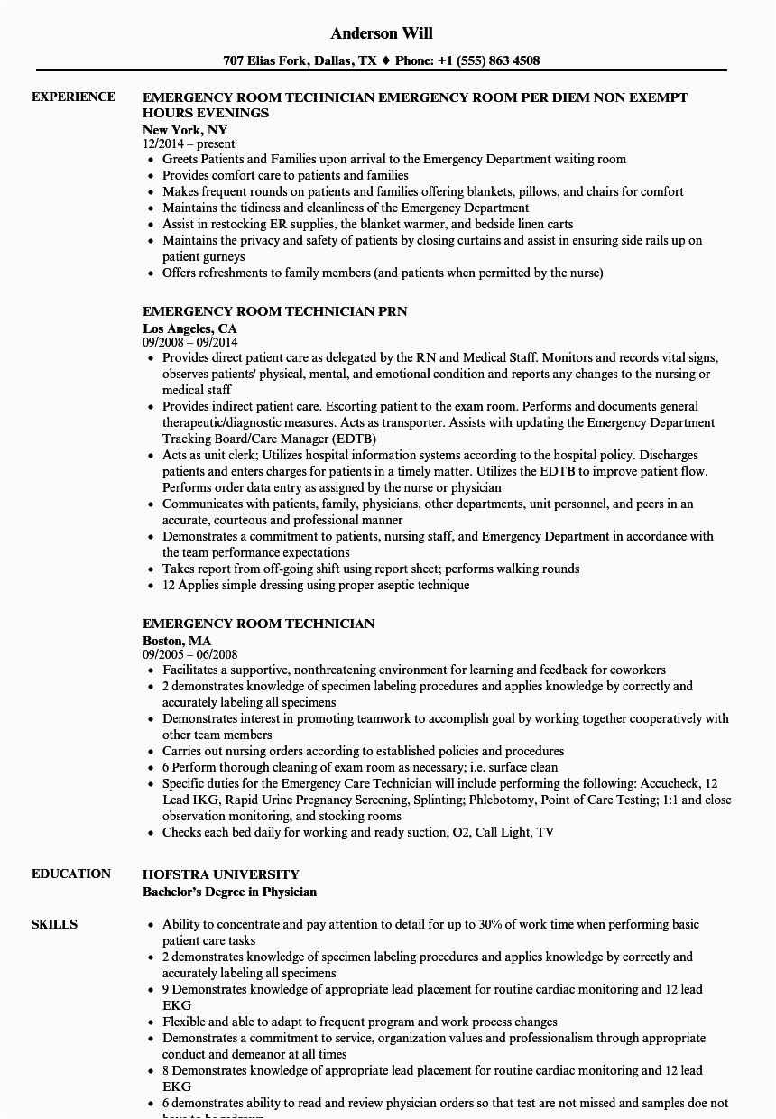 Sample Resume for Emergency Room Technician Emergency Room Technician Resume Samples