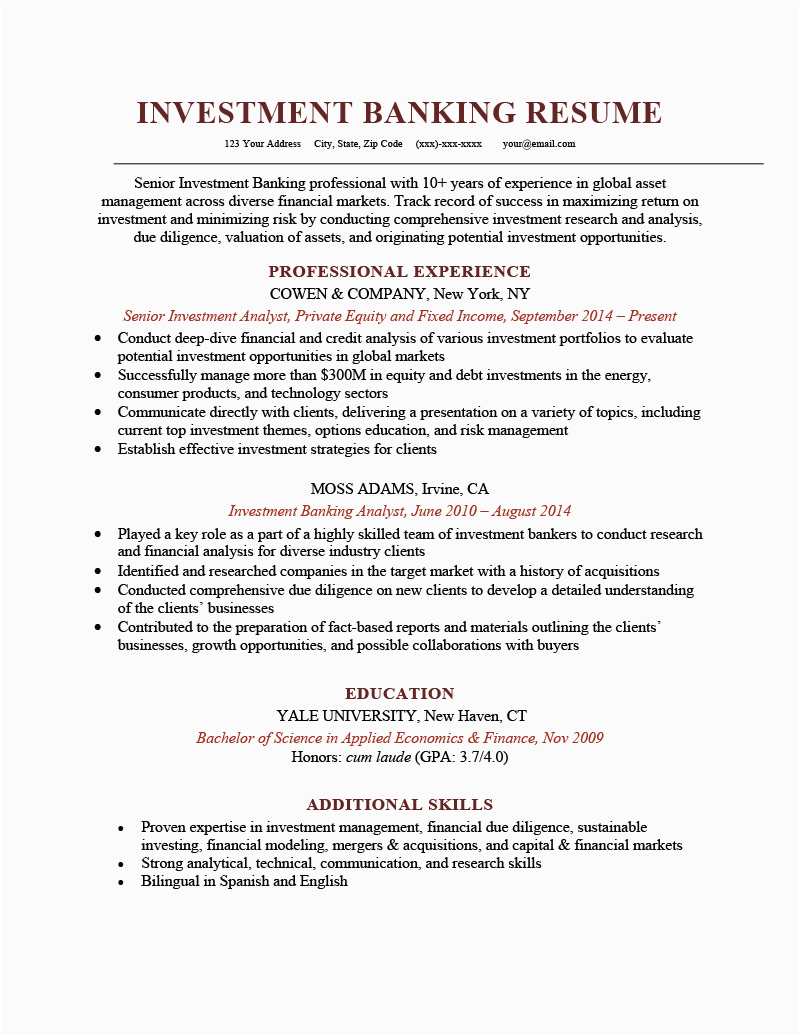 Sample Resume for Experienced Banking Professional Investment Banking Resume