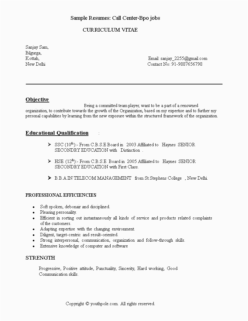Sample Resume for Experienced Candidates In Bpo Callcenter Bpo Resume Template Resume