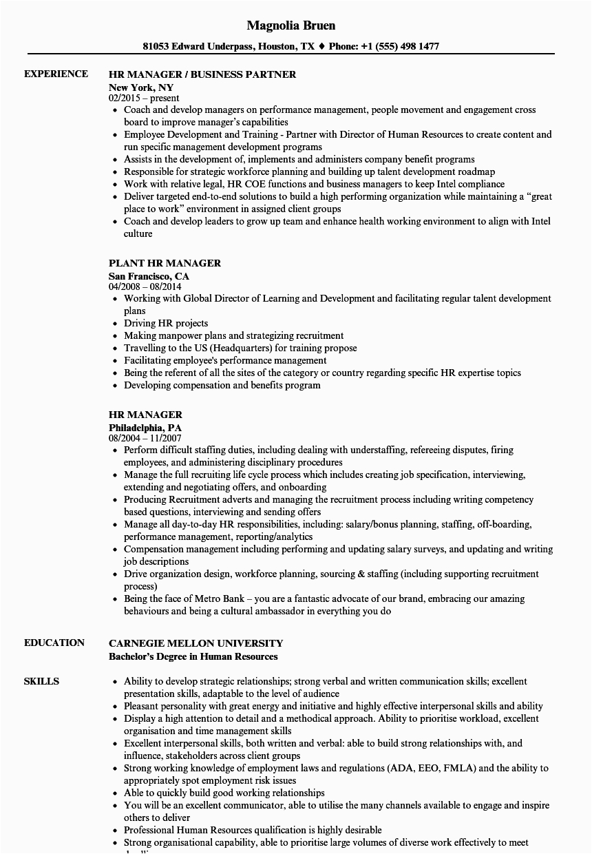 Sample Resume for Experienced Hr Manager Resume Sample for Hr Manager