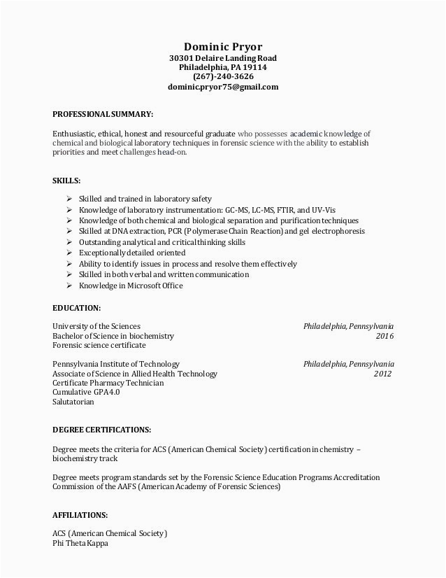 Sample Resume for forensic Science Technician Entry Level forensic Scientist Resume