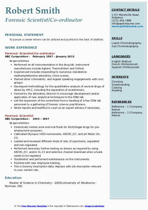 Sample Resume for forensic Science Technician forensic Scientist Resume Samples