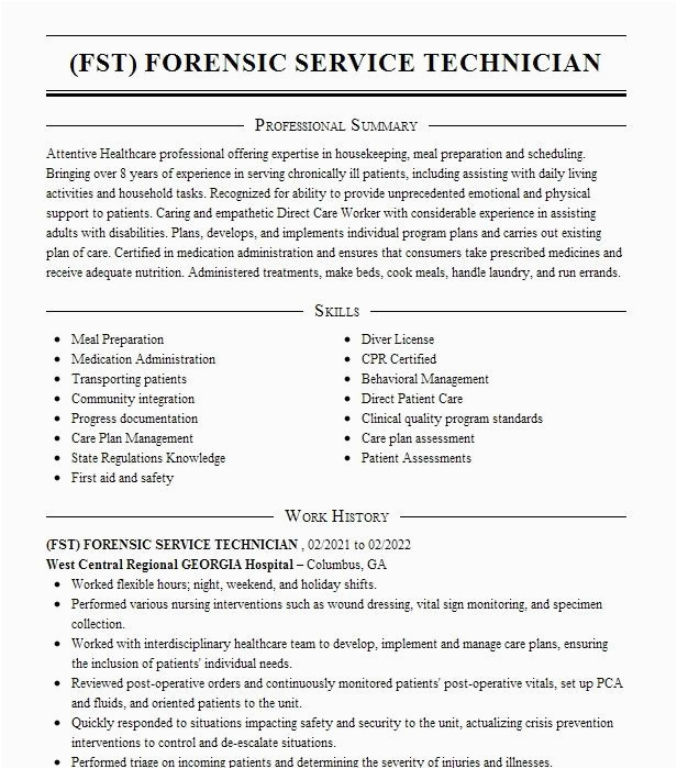 Sample Resume for forensic Science Technician forensic Service Technician Resume Example Health Alliance Hudson