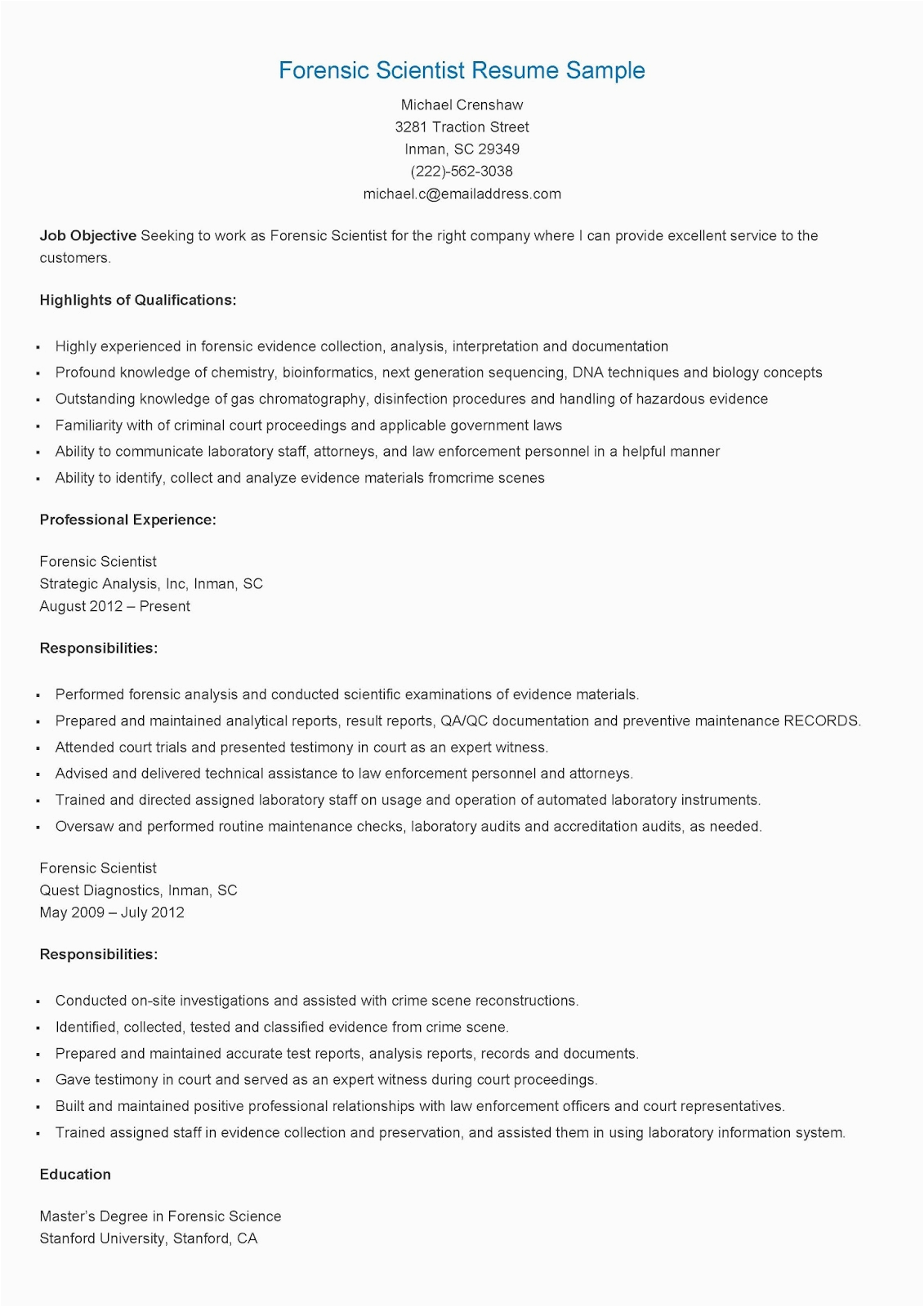 Sample Resume for forensic Science Technician Resume Samples forensic Scientist Resume Sample