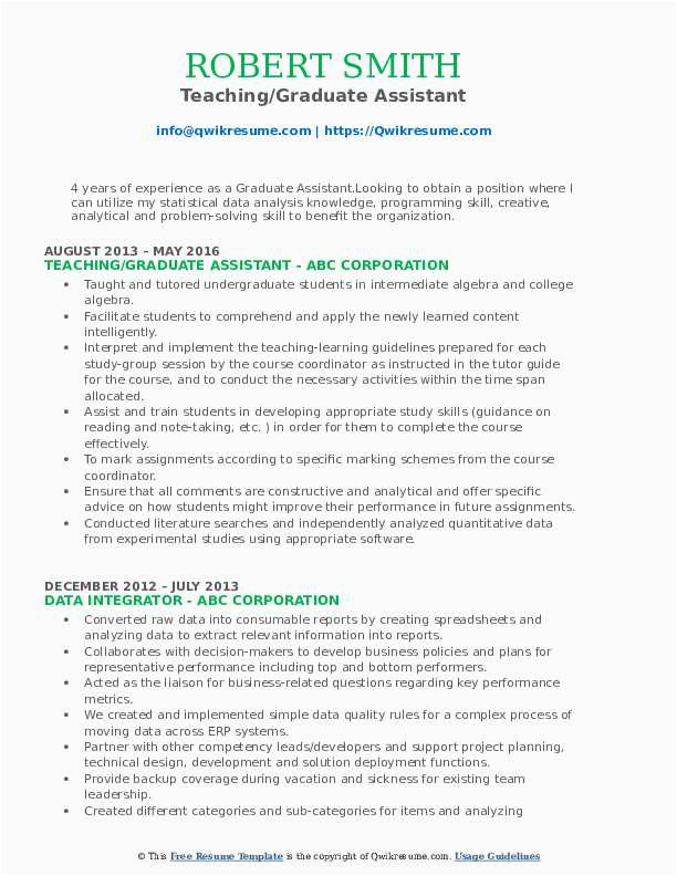 Sample Resume for Graduate assistant Position Graduate assistant Resume Samples