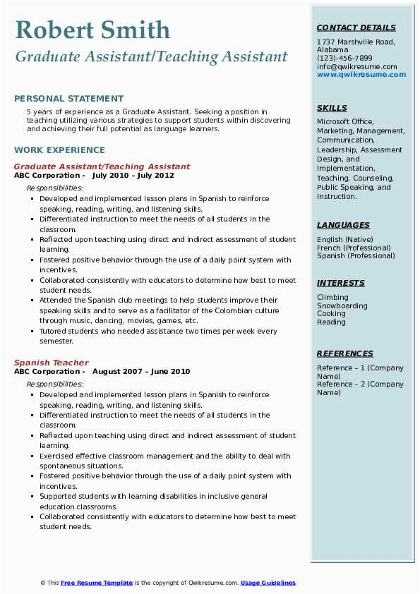 Sample Resume for Graduate assistant Position Graduate assistant Resume Samples