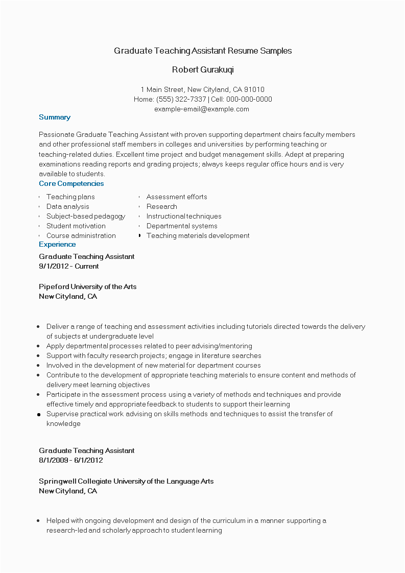 Sample Resume for Graduate assistant Position Graduate Teaching assistant Resume Samples How to Create
