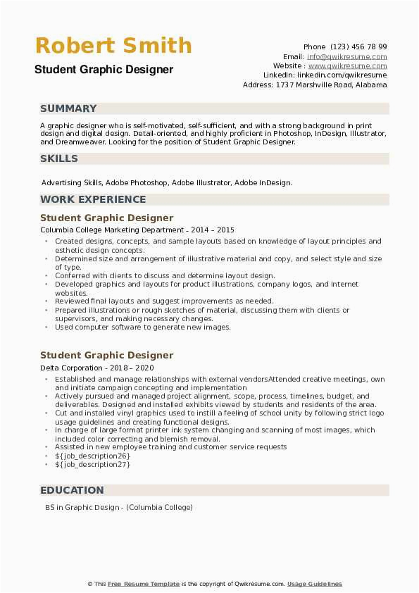 Sample Resume for Graphic Design Student Student Graphic Designer Resume Samples