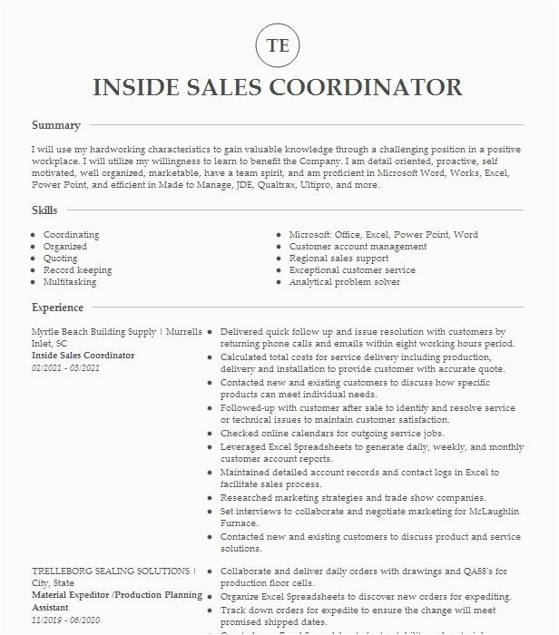 Sample Resume for Inside Sales Coordinator Inside Sales Coordinator Lead Specialist Resume Example Pany Name