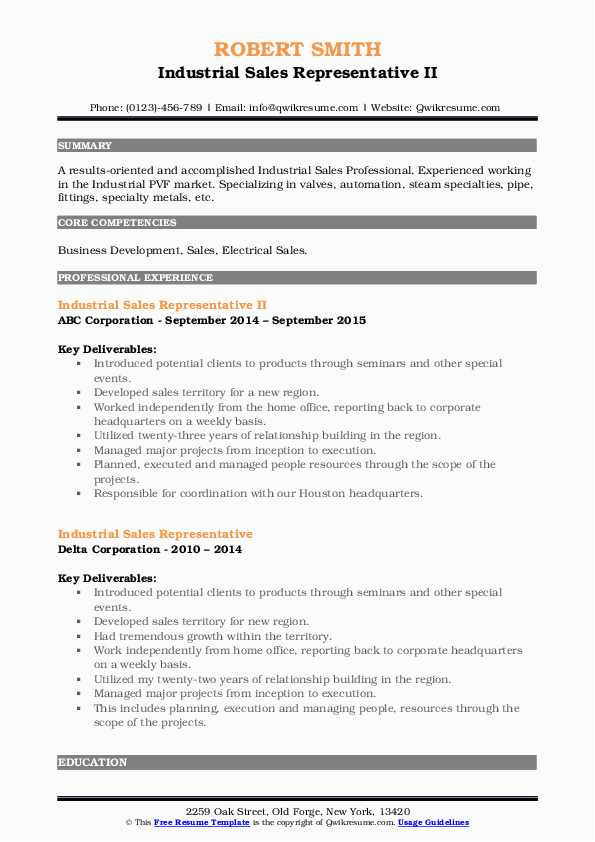 Sample Resume for Inside Sales Jobs In Valve Industry Industrial Sales Representative Resume Samples