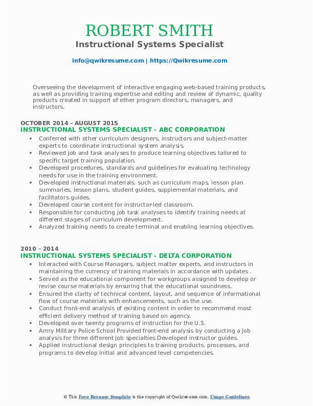 Sample Resume for Instructional Systems Specialist Instructional Systems Specialist Resume Samples