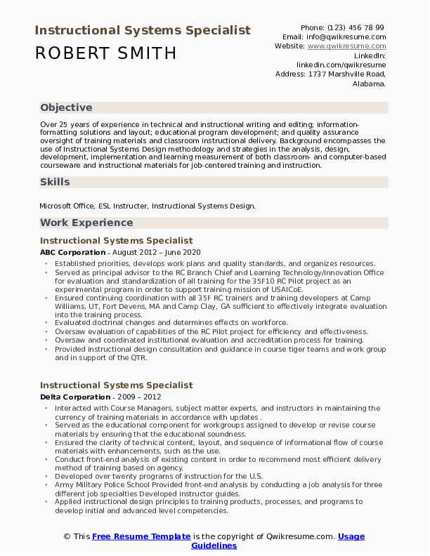 Sample Resume for Instructional Systems Specialist Instructional Systems Specialist Resume Samples