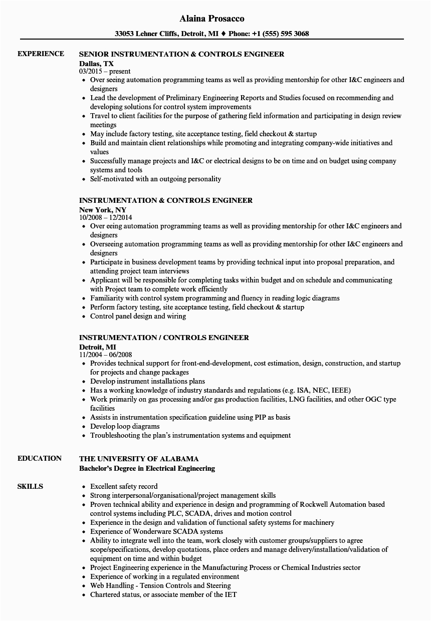 Sample Resume for Instrumentation and Control Technician Controls Engineer Resume