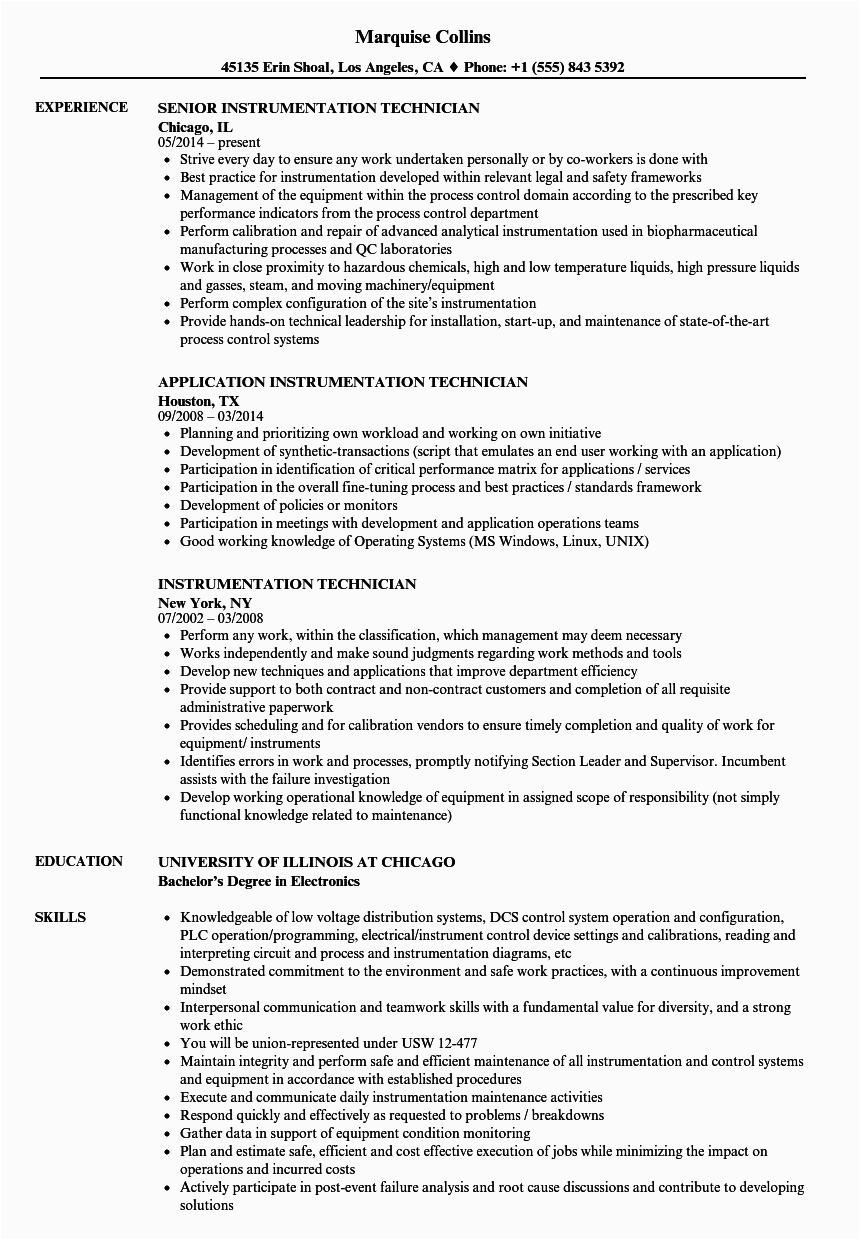 Sample Resume for Instrumentation and Control Technician Electrical Instrument Repairer Cv May 2022
