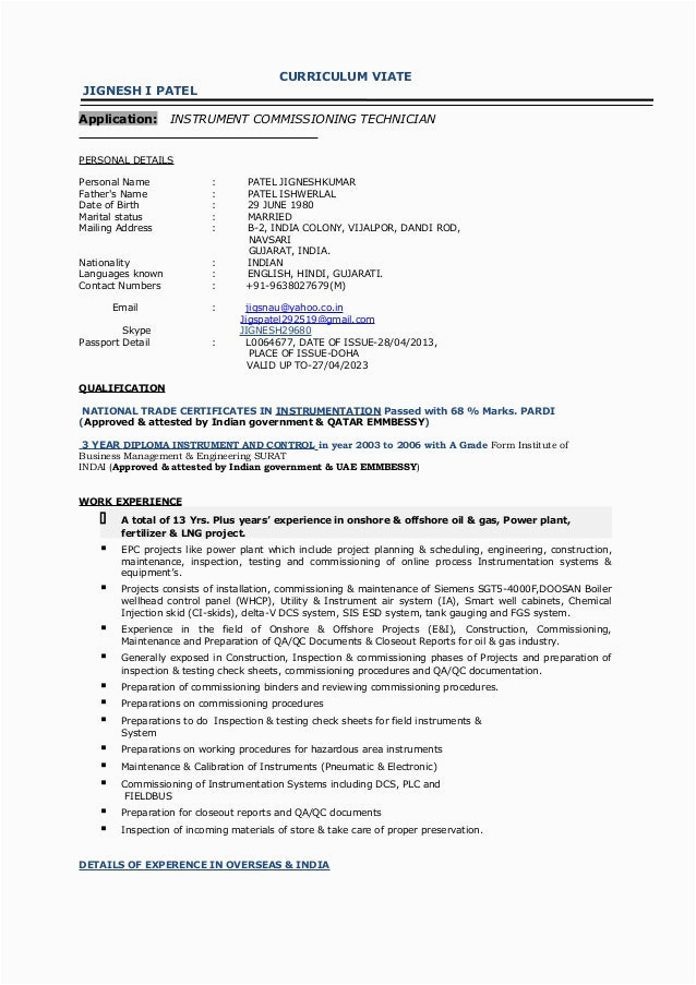 Sample Resume for Instrumentation and Control Technician Instrument Technician Cv Doc April 2022