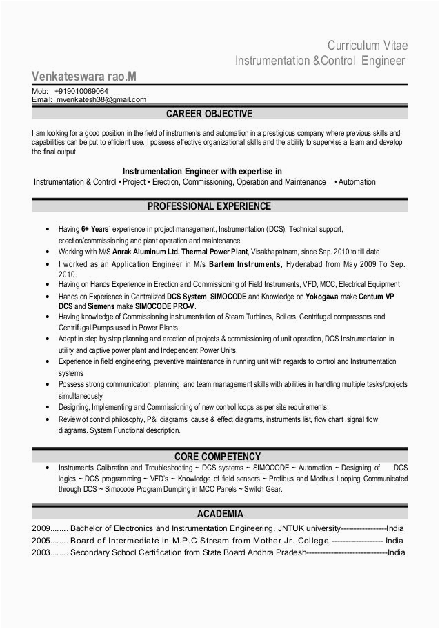Sample Resume for Instrumentation and Control Technician Instrumentation and Controls Technician Cv April 2022