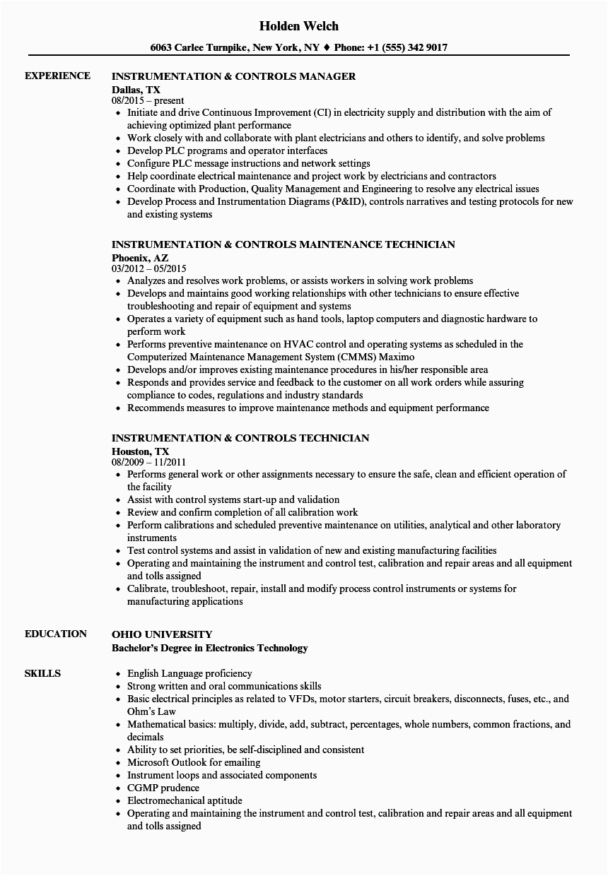 Sample Resume for Instrumentation and Control Technician Instrumentation & Controls Resume Samples