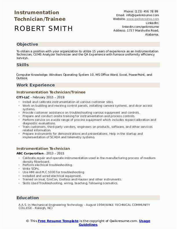 Sample Resume for Instrumentation and Control Technician Instrumentation Technician Resume Samples