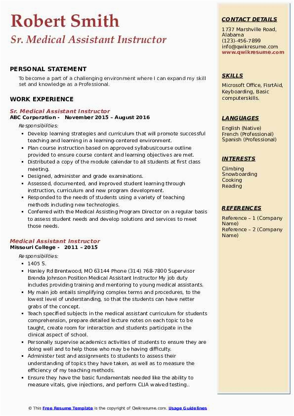 Sample Resume for Medical assistant Instructor Medical assistant Instructor Resume Samples