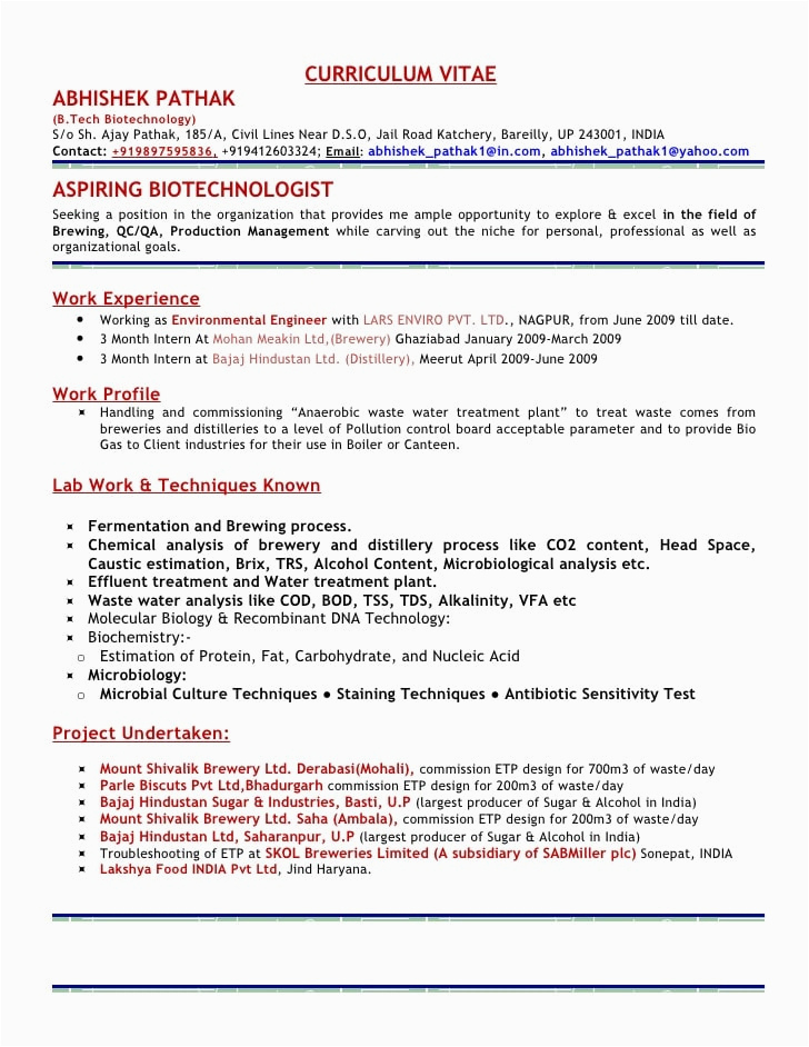 Sample Resume for Msc Biotechnology Freshers Resume format for Freshers Of Biotechnology
