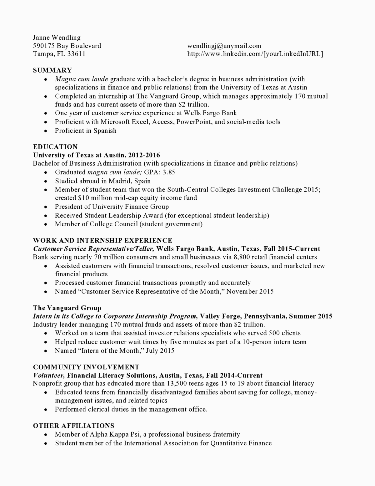 Sample Resume for Mutual Fund Sales Mutual Funds Entry Level