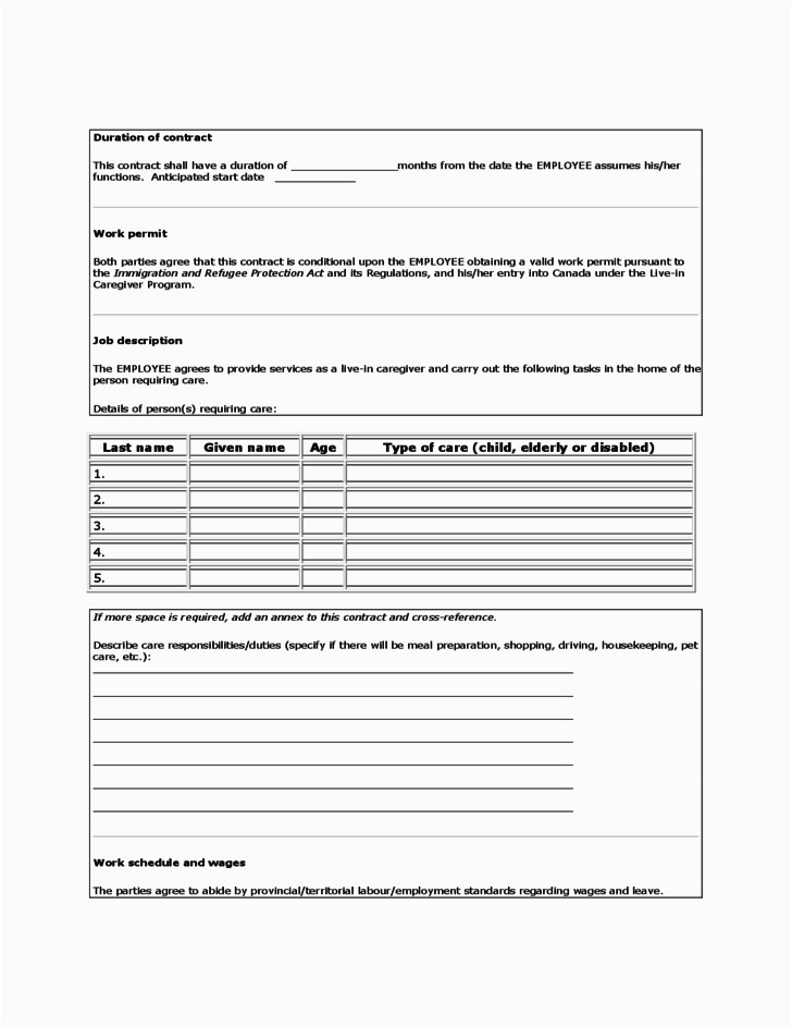 Sample Resume for Nanny In Canada Live In Caregiver Sample Contract Carlynstudio