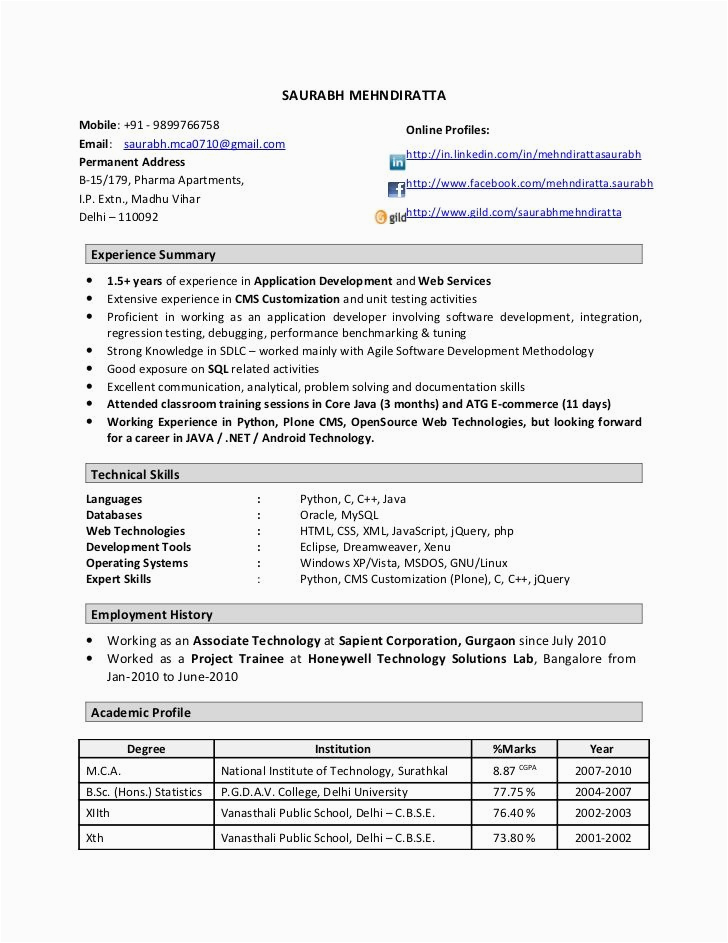 Sample Resume for Net Developer with 1 Year Experience Resume format 1 Year Experienced software Engineer