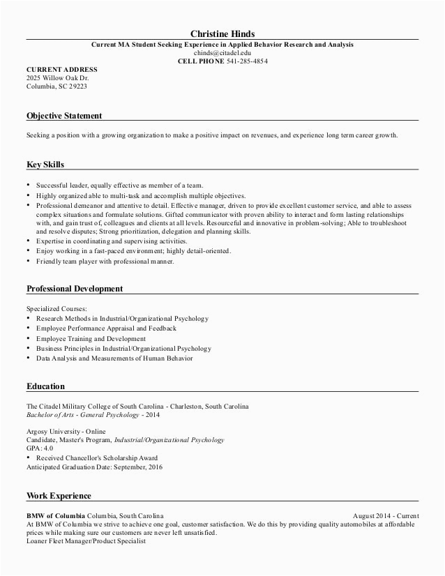 Sample Resume for Ojt Industrial Psychology Students Christine Hinds Resume with Industrial organizational