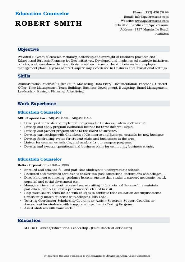 Sample Resume for Overseas Education Counselor Education Counselor Resume Samples