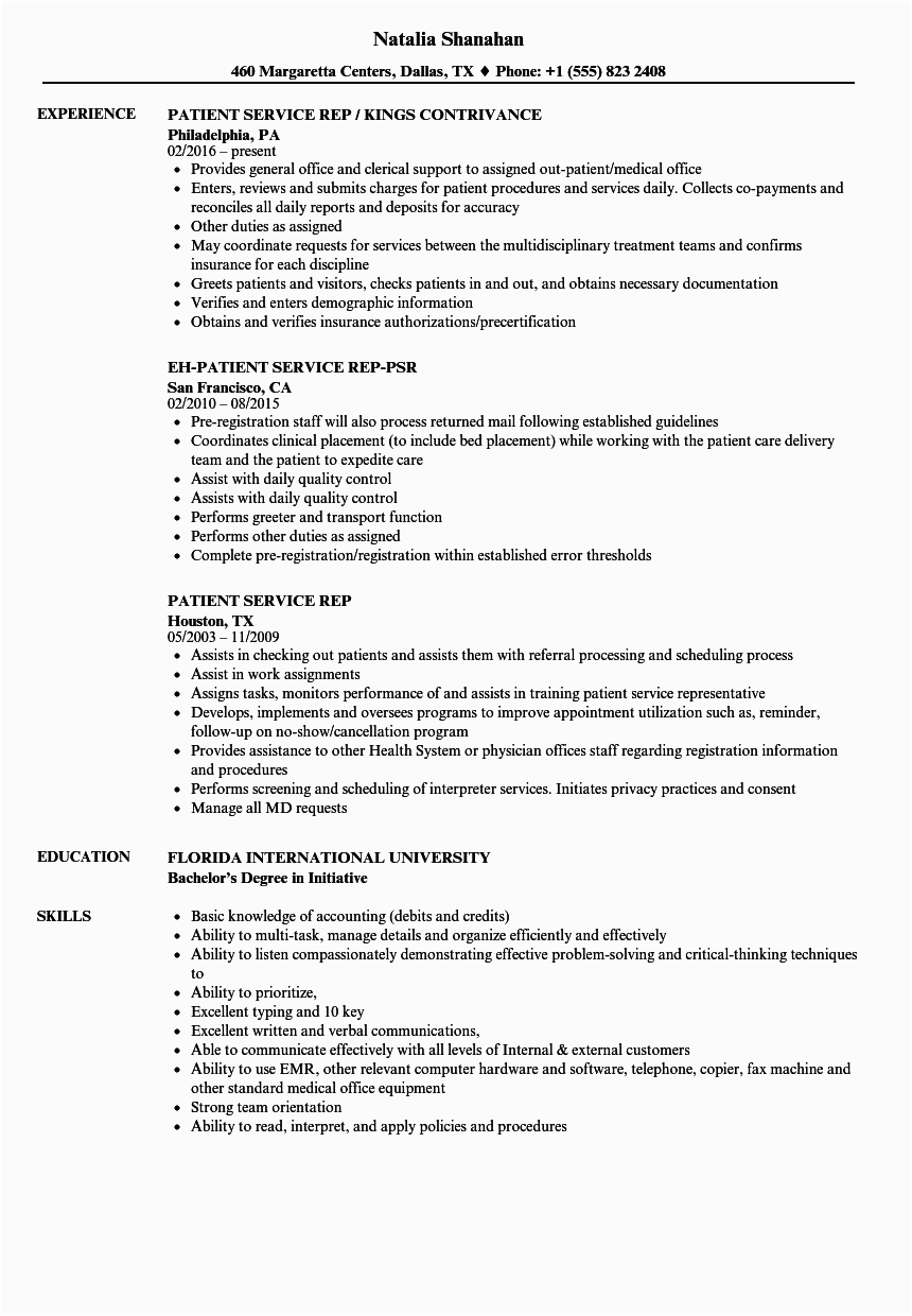 Sample Resume for Patient Service Representative Patient Service Rep Resume Samples