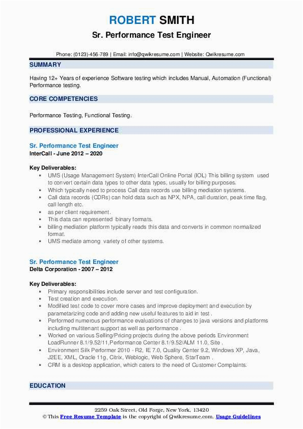 Sample Resume for Performance Test Engineer Performance Test Engineer Resume Samples